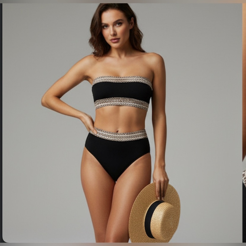 Ribbed Leopard Trim Bandeau High Waisted Bikini Swimsuit. - Picture 4 of 7